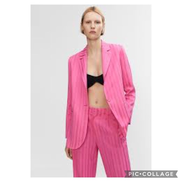 Mango Fuschia Pink Satin Striped Straight Flowy Blazer Size S - Picture 2 of 16